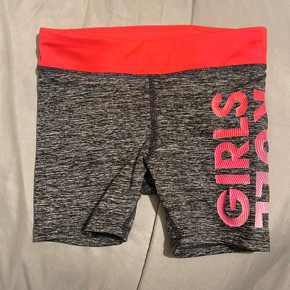 Grey and red shorts with “girls rule” on the side
